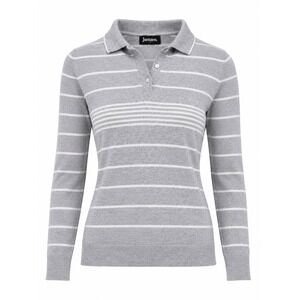 Vintage 80s Women's Jantzen Grey Striped‎ Knit Wool Polo Sweater Made in USA